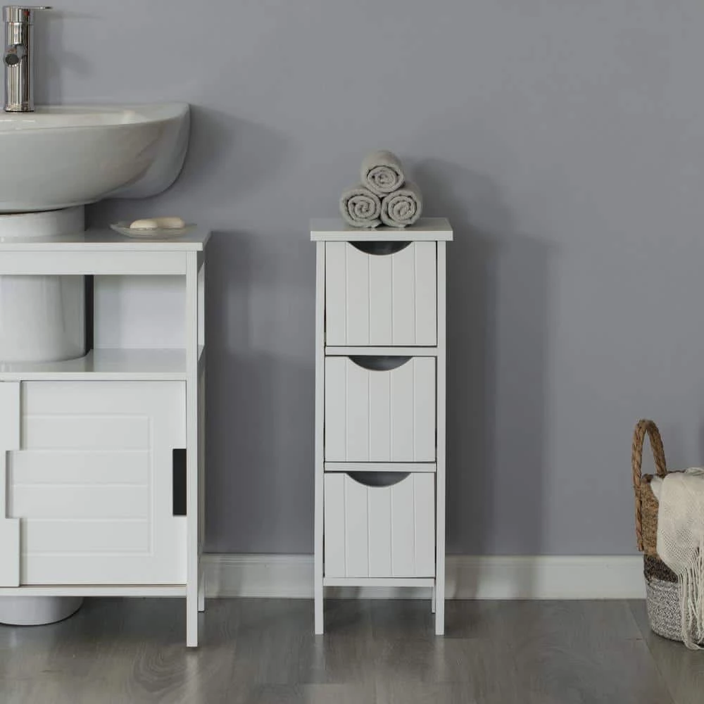 White Wooden Modern FreeStanding Side Storage Tower Cabinet with 3-Drawers by Basicwise 5 White Wooden Modern FreeStanding Side Storage Tower Cabinet with 3-Drawers by Basicwise - Image 5