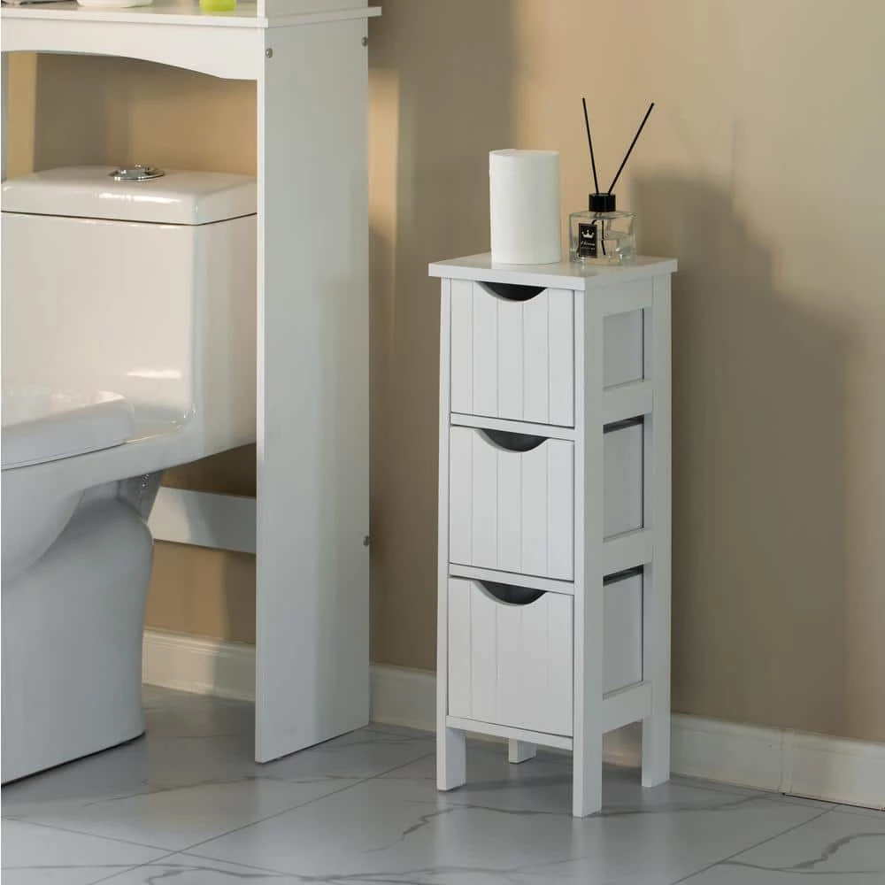 White Wooden Modern FreeStanding Side Storage Tower Cabinet with 3-Drawers by Basicwise 4 White Wooden Modern FreeStanding Side Storage Tower Cabinet with 3-Drawers by Basicwise - Image 4