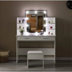 White Modern Wooden Vanity Dressing Table with 2-Drawers Led Mirror and Stool by Basicwise 9 White Modern Wooden Vanity Dressing Table with 2-Drawers Led Mirror and Stool by Basicwise -Basicwise Online Shop white basicwise makeup vanities qi004268l wt 4f 1000