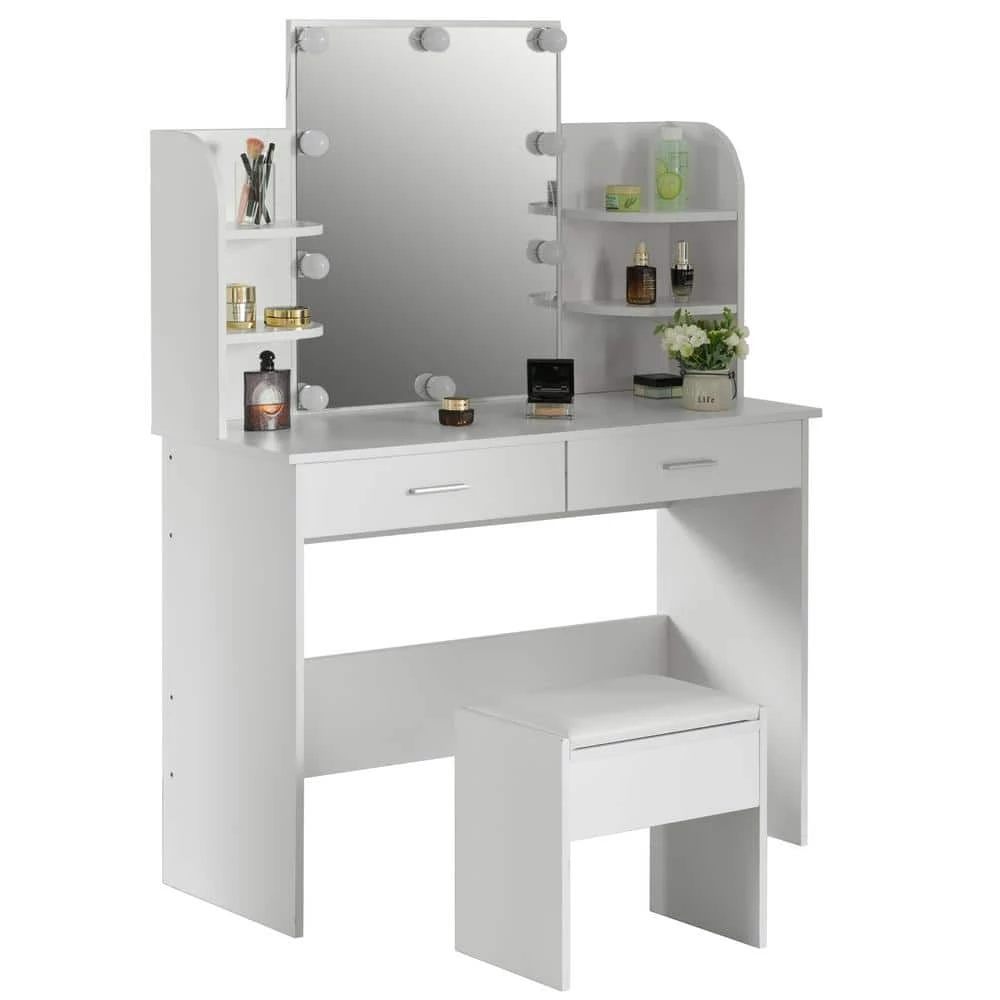 White Modern Wooden Vanity Dressing Table with 2-Drawers Led Mirror and Stool by Basicwise 1 White Modern Wooden Vanity Dressing Table with 2-Drawers Led Mirror and Stool by Basicwise