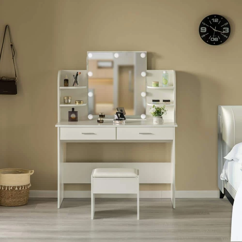 White Modern Wooden Vanity Dressing Table with 2-Drawers Led Mirror and Stool by Basicwise 3 White Modern Wooden Vanity Dressing Table with 2-Drawers Led Mirror and Stool by Basicwise - Image 3