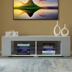 White Entertainment TV Stand with LED Lights and Glass Shelves with UV Frame, 52.75 in. W by Basicwise 10 White Entertainment TV Stand with LED Lights and Glass Shelves with UV Frame, 52.75 in. W by Basicwise -Basicwise Online Shop white basicwise tv stands qi004417l 4f 1000