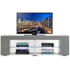 White Entertainment TV Stand with LED Lights and Glass Shelves with UV Frame, 52.75 in. W by Basicwise
