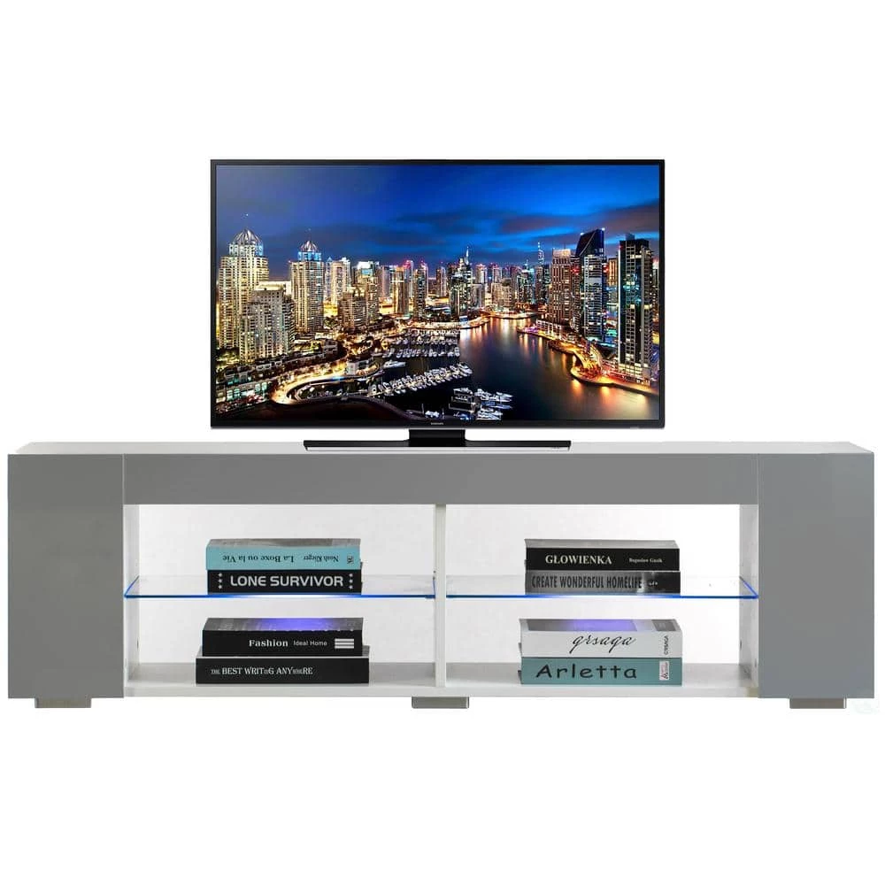 White Entertainment TV Stand with LED Lights and Glass Shelves with UV Frame, 52.75 in. W by Basicwise 1 White Entertainment TV Stand with LED Lights and Glass Shelves with UV Frame, 52.75 in. W by Basicwise