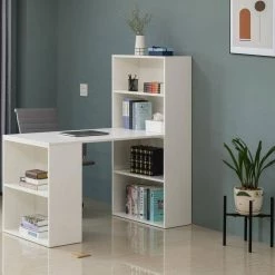 27 in. Rectangle White Large Wood Computer Writing Workstation Table with Combo Bookshelf Bookcase Desk by Basicwise -Basicwise Online Shop white large basicwise writing desks qi004018 wt l 1f 1000
