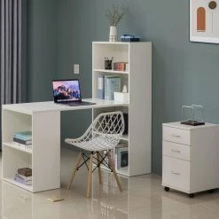 27 in. Rectangle White Large Wood Computer Writing Workstation Table with Combo Bookshelf Bookcase Desk by Basicwise -Basicwise Online Shop white large basicwise writing desks qi004018 wt l c3 1000